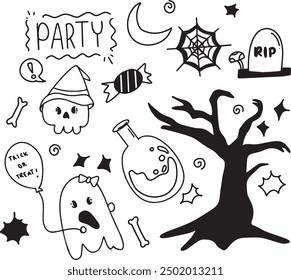 Title: Halloween doodle illustration. Halloween set of elements, ghost, pumpkin and bat. Vector is cute illustration in hand drawn style
