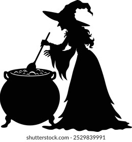 Title: Halloween Witch cooking Cauldron silhouette vector graphic image