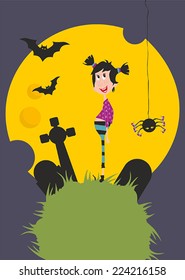 Title: Hallowen and little witch. Description: A Little witch in halloween in night background with full moon.