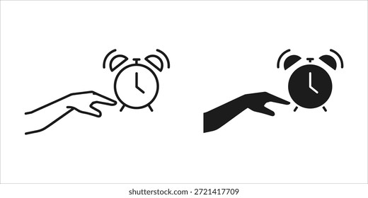 Title: Hand pointing at an alarm clock with two versions in black and white