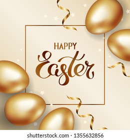 Title Happy Easter in frame. Gold easter eggs on light background with golden serpentine and confetti. Invitation background. Greeting card, template design, vector illustration