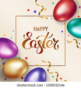 Title Happy Easter in frame. Gold and colorful easter eggs on light background with golden serpentine and colorful confetti. Greeting card. Festive design, invitation background, vector illustration