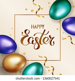 Title Happy Easter in frame. Gold and colorful easter eggs on light background with golden serpentine and confetti. Greeting card. Invitation background, template design, vector illustration