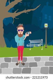 Title: Hipster with camera Description: A hipster with beard and glasses take photos in a vintage looking park with bench and street torch.