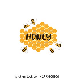 Title Honey on a background of honeycomb surrounded by bees. Vector illustration, sticker isolated on a white background.