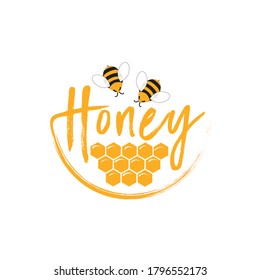 Title "Honey" surrounded by bees and honeycombs, vector stylized image. Sticker on a white background, honey logo.