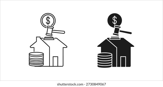 Title: House with a magnifying glass and stack of coins representing property value and investment