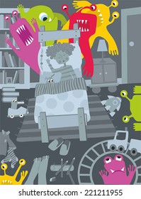 Title: kid and ghosts Description: A kid is sleeping but some ghosts are in the room playing and laughing around.
