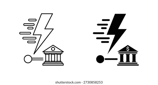 Title: Lightning bolt striking a bank building with a dollar sign in white and black versions
