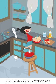 Title: Little chef Description: A girl is cooking in the kitchen an uses several ingredients enough to make a mess. 