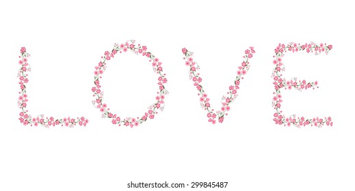 Title Love made of small red and pink roses. Ideal for wedding announcements and Valentine's Day greeting cards.