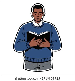 Título: Un hombre con un suéter azul y cuello blanco leyendo un libro con una expresión enfocada