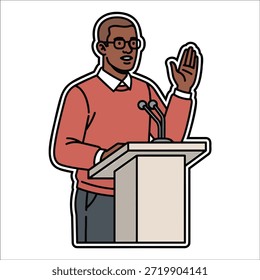 Titel: Mann, der auf einem Podium spricht, mit einem Mikrofon, das einen roten Pullover und eine Brille trägt