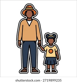 Título: Un hombre con un sombrero marrón y un suéter marrón tomados de la mano con una niña joven en un amarillo