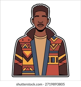 Título: Hombre que lleva una chaqueta estampada colorida con colores geométricos en marrón, amarillo y rojo