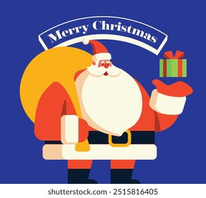 Title: Merry Christmas greeting A cute santa claus with present floating on his hand cartoon illustration