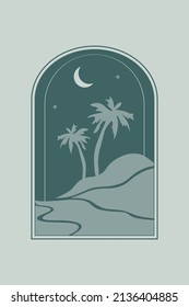 Titel: Moderner und minimalistischer Stil. marokkanische Szene. marokkanische Türen, Fenster mit Blick auf die Wüste in der Nacht. Vektorgrafik.
