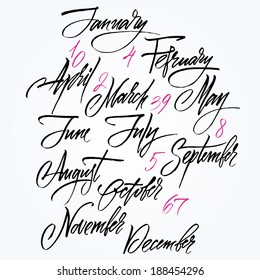 Title of months of the year. Numbers from 0 to 9.