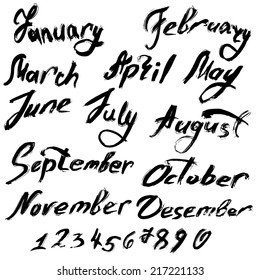 Title of months of the year. Numbers from 0 to 9 - handwritten text in grunge style.