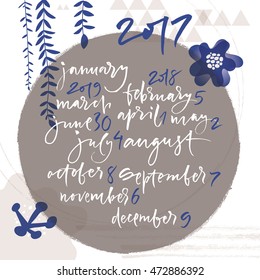 Title of months of the year. Numbers from 0 to 9. Calendar