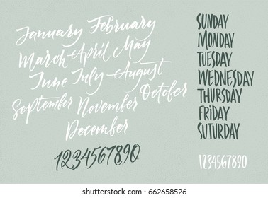 Title of months of the year. Numbers from 0 to 9. Days of the week. Lettering.
