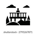 Title: Mountain observation deck lookout platform with tourist vector silhouette. Scenic travel viewpoint bridge, outdoor nature tourism concept.