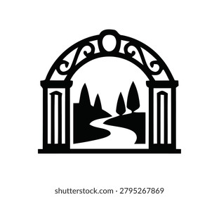Title: Mountain observation deck lookout platform with tourist vector silhouette. Scenic travel viewpoint bridge, outdoor nature tourism concept.