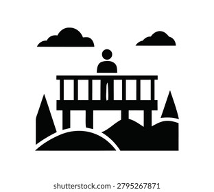 Title: Mountain observation deck lookout platform with tourist vector silhouette. Scenic travel viewpoint bridge, outdoor nature tourism concept.
