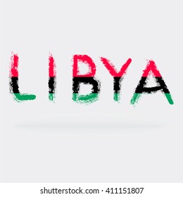 Title name of the country of Libya is made of the letters of the national flag colors. color red, black and green. The letters are written as if messy brush with splashes and blots. 