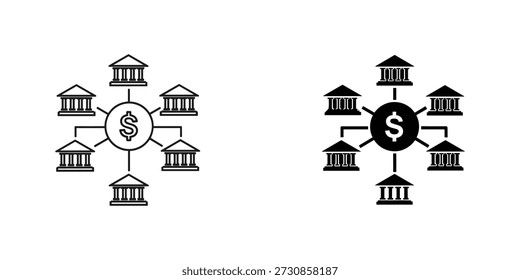 Title: Network of banks connected to a central dollar sign symbol in white and black versions