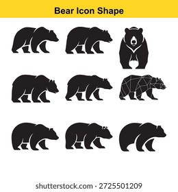 Titel: Neun schwarze Silhouettenbär in verschiedenen Posen auf weißem Hintergrund mit gelbem Kopf