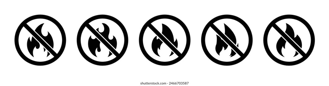 Title	
No fire restriction vector icon set in black color. No fire-stops sign icon symbol. Stop fire sign with flame. No fire ban symbol. No fire flame logo sign uses for app, website and posters