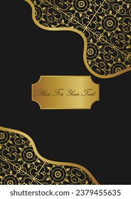 Title page in A4 format with gold decoration on a black background. Corner decorative elements with openwork patterns. Design for postcard, cover, wedding invitation and more. Version No. 4