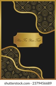 Title page in A4 format with gold decoration on a black background. Corner decorative elements with openwork patterns. Design for postcard, cover, wedding invitation and more. Version No. 9