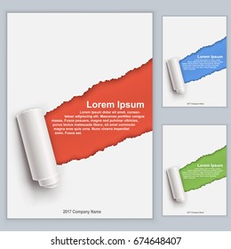 Title Page Business Template With Diagonal Torn Piece Of Paper And Color Copy Space. Vector Illustration.