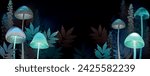 Title page design with glowing green mushrooms and autumn, brown and turquoise leaves on  black background. Glowing mushrooms.