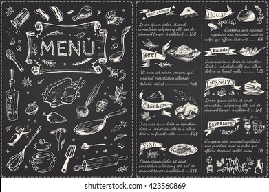 title page and menu list  for  restaurant. sketches food icons, vector chalk on a blackboard, a trend design, vintage, kitchenware, chicken, vegetables, fish, desserts, drinks, spices. Bon Appetit