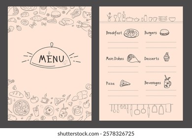 Title page and menu list template for restaurant or cafe. Hand drawn food sketches icons. Doodle chalk design on blackboard - breakfast, main dishes, pizza, desserts and beverages. vector illustration