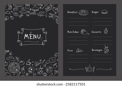 Title page and menu list template for restaurant or cafe. Hand drawn food sketches icons. Doodle chalk design on blackboard - breakfast, main dishes, pizza, desserts and beverages. vector illustration