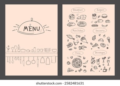 Title page and menu list template for restaurant or cafe. Hand drawn food sketches icons. Doodle chalk design for menu - breakfast, main dishes, pizza, desserts and beverages. vector illustration