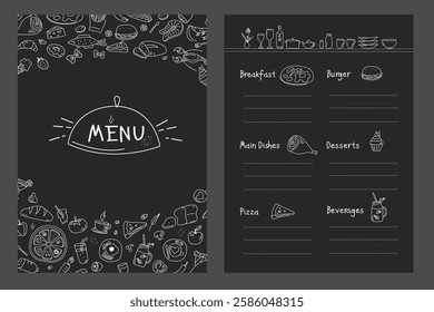 Title page and menu list template for restaurant or cafe. Hand drawn food sketches icons. Doodle chalk design on blackboard - breakfast, main dishes, pizza, desserts and beverages. vector illustration