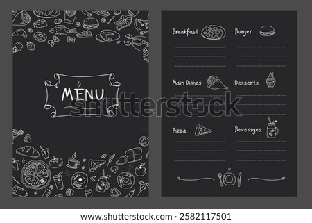 Title page and menu list template for restaurant or cafe. Hand drawn food sketches icons. Doodle chalk design on blackboard - breakfast, main dishes, pizza, desserts and beverages. vector illustration
