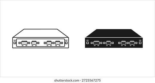 Title: A pair of identical black and white network switch devices with front and side views