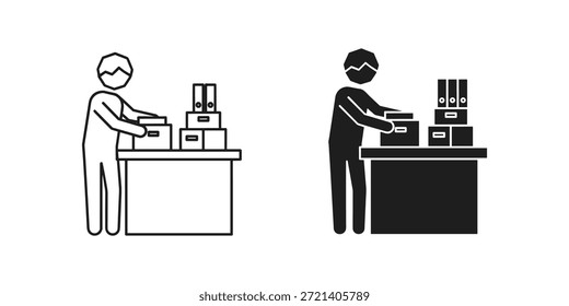 Title: Person organizing files and documents on a desk with multiple drawers and file holders