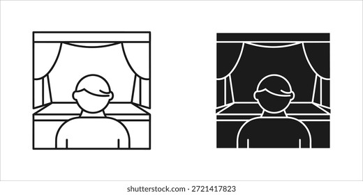 Title: Person sitting at a desk with a computer and curtains in the background with one in white