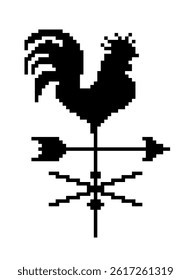 Title: Pixel art of rooster wind direction icon sign vector. Pixelated rooster and arrow air direction.