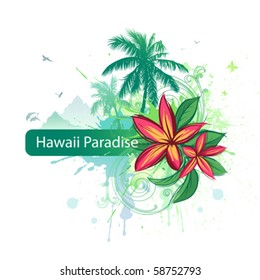 Title plate with palms, dolphins and plumeria flowers.