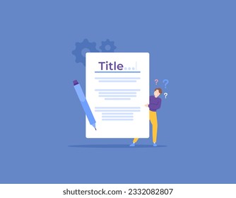 title of research thesis or final project. a student confused to determine the title of research. student problem. education, science, research proposals. illustration concept design. vector elements