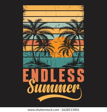 Title	
Retro graphic of Endless Summer scene. A vintage-inspired graphic design featuring a tropical island sunset scene, depicted in a stylized, retro-themed color palette with faded stripes.