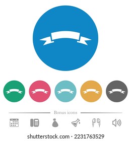 Title ribbon solid flat white icons on round color backgrounds. 6 bonus icons included.